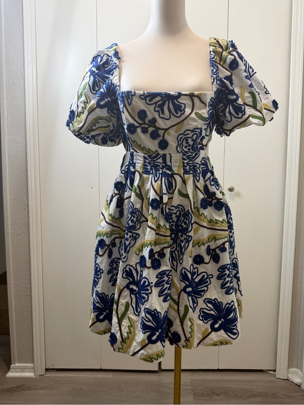 Anthropologie White Mini Dress with Blue Floral Embroidery - Picture 2 of 8